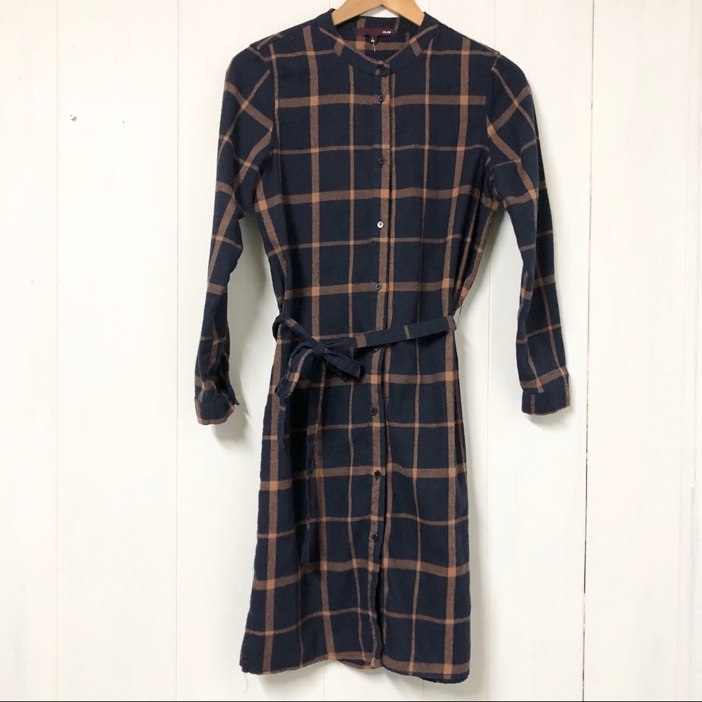 Navy Blue Plaid Flannel Long Sleeve Dress